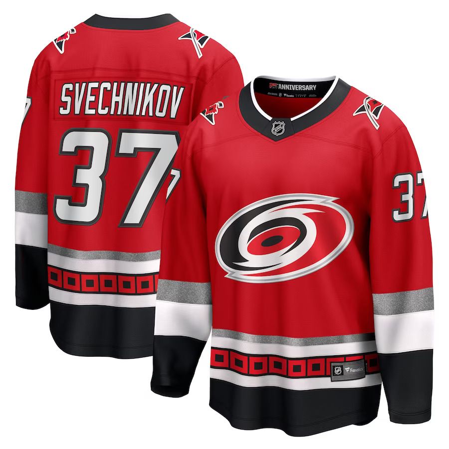 Men Carolina Hurricanes 37 Andrei Svechnikov Fanatics Branded Red 25th Anniversary Premier Breakaway Player NHL Jersey
